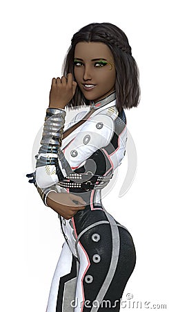 3d illustration of a dark complexion woman with intricate floral makeup in a white skin tight suit Cartoon Illustration