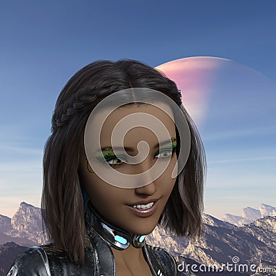 3d illustration of a dark complexion woman smiling in the foreground with a rising planet in the background Cartoon Illustration