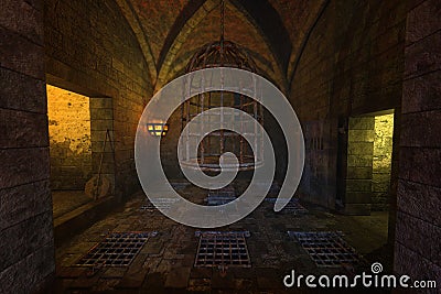 3D illustration of a dark medieval underground dungeon with cage hanging from the ceiling Cartoon Illustration