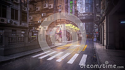 3D rendering of a dark moody street at night in a seedy downtown urban city environment Cartoon Illustration