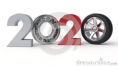 3D illustration of 2020 date with car wheel and bearing instead of zeros. 3D rendering isolated on white background. Cartoon Illustration