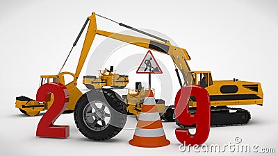 3D illustration date 2019 New year, the image of a traffic cone and a stop sign, for the calendar. 3D rendering of road machinery Cartoon Illustration
