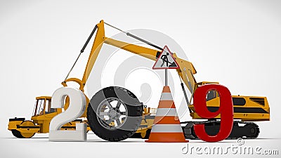 3D illustration date 2019 New year, the image of a traffic cone and a stop sign, for the calendar. 3D rendering of road machinery Cartoon Illustration