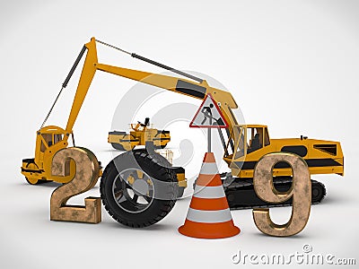 3D illustration date 2019 New year, the image of a traffic cone and a stop sign, for the calendar. 3D rendering of road machinery Cartoon Illustration