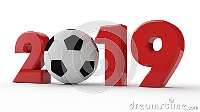 3D illustration of 2019 date, soccer ball, football era, year of sport. 3D rendering. The idea for the calendar Cartoon Illustration