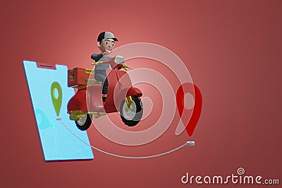 3d illustration , Delivery package by scooter on mobile phone. Order package in E-commerce by app. Tracking courier by map Cartoon Illustration