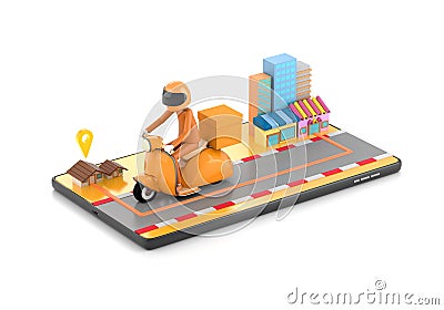 3d illustration The delivery staff ride an yellow motorbike Cartoon Illustration