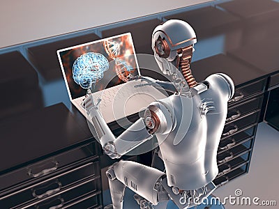 A 3D illustration depicting a humanoid robot working with a laptop, engaged in studying human brain Cartoon Illustration