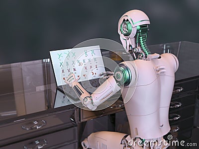 A 3D illustration depicting a humanoid robot working with a laptop, engaged in studying human chromosomes Cartoon Illustration