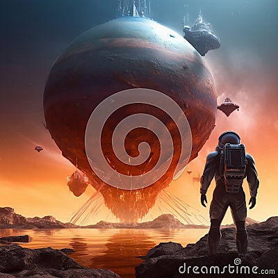 3D illustration depicts a science fiction scene where an astronaut encounters a giant spaceship on an alien world, known as the Cartoon Illustration