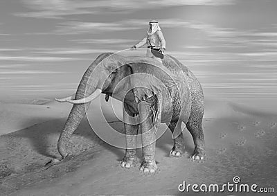 3D Illustration of Desert Adventurer Riding Elephant on Sunny Day Stock Photo