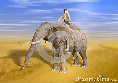 3D Illustration of Desert Adventurer Riding Elephant on Sunny Day Stock Photo