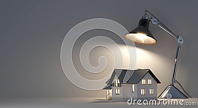 3d illustration of desk lamp and house on white table and grey wall. Cartoon Illustration