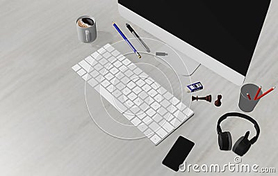 3d illustration, desk, light wood floor, with laptop computer, pen, phone, headphones and supplies, top view with space for laying Cartoon Illustration