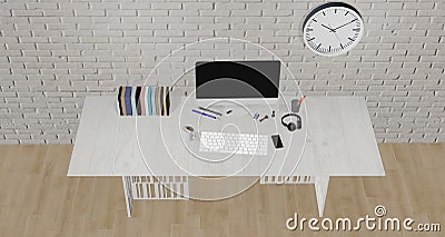 3d illustration, desk, light wood floor, with laptop computer, pen, phone, headphones and supplies, top view with space for laying Cartoon Illustration