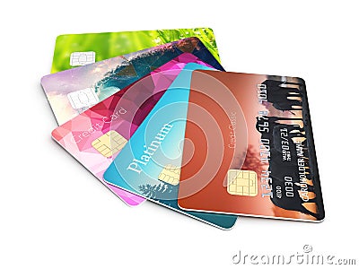 3d illustration of detailed glossy credit cards isolated on white background Cartoon Illustration