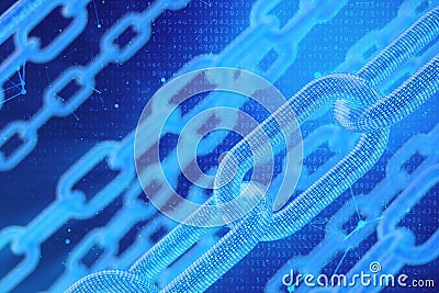 3D illustration digital blockchain code. Chain links network. Binary code on the background. Concept of Network Cartoon Illustration