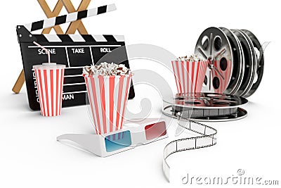 3D illustration, director chair, movie clapper, popcorn, 3d glasses, film strip, film reel and cup with carbonated drink Cartoon Illustration