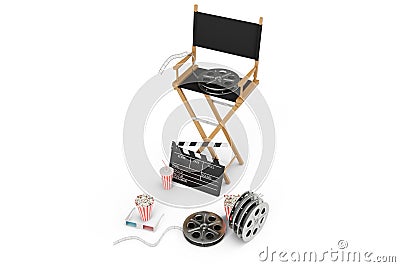 3D illustration, director chair, movie clapper, popcorn, 3d glasses, film strip, film reel and cup with carbonated drink Cartoon Illustration