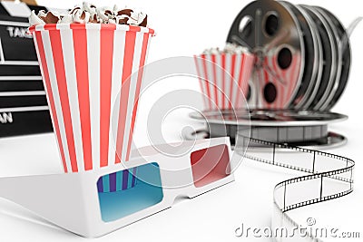 3D illustration, director chair, movie clapper, popcorn, 3d glasses, film strip, film reel and cup with carbonated drink Cartoon Illustration