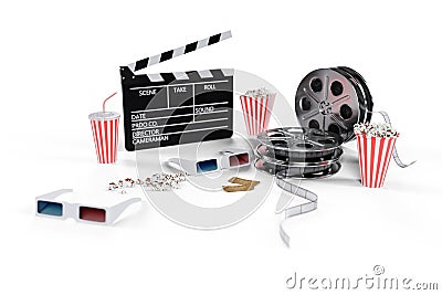 3D illustration, director chair, movie clapper, popcorn, 3d glasses, film strip, film reel and cup with carbonated drink Cartoon Illustration