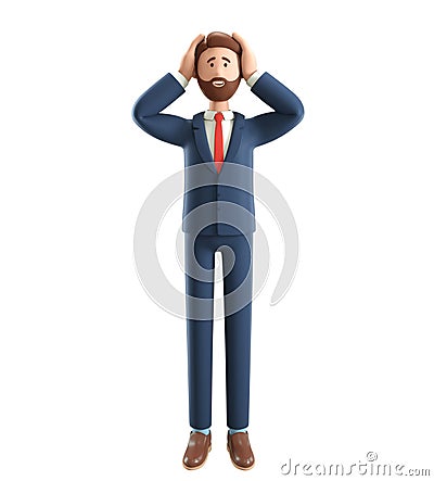 3D illustration of disappointed bearded businessman. Cartoon standing male character in suit, clutching his head and panicking. Cartoon Illustration