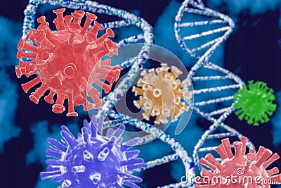 3D illustration of DNA and coronavirus. The concept of coronavirus and gene mutation Cartoon Illustration