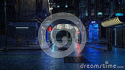 3D illustration of a downtown street in a futuristic cyberpunk city at night with rain falling Stock Photo