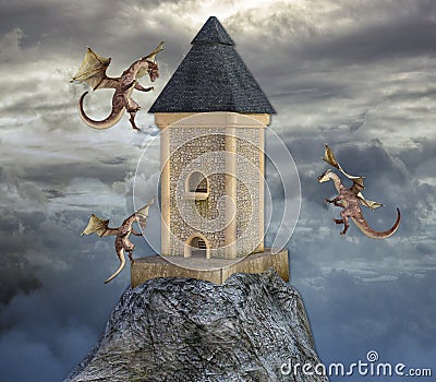 3D Illustration of 3 Dragons Flying Around Tower High in Moody Clouds Stock Photo