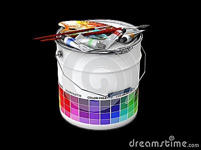 3d illustration of Drawing set and Bucket with Colored Palette Guide, black Cartoon Illustration