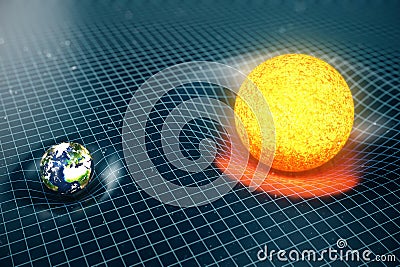 3D illustration Earth`s and Sun gravity bends space around it. With bokeh effect. Concept gravity deforms space time Cartoon Illustration