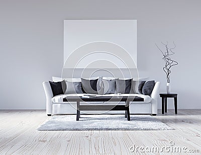 3d illustration empty white interior with sofa, empty wall, minimalist living room, black and gray pillows, light sofa, fluffy car Cartoon Illustration