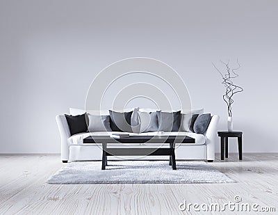 3d illustration empty white interior with sofa, empty wall, minimalist living room, black and gray pillows, light sofa, fluffy car Cartoon Illustration