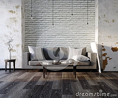 3d illustration empty white interior with sofa, empty wall, minimalist living room, black and gray pillows, light sofa, fluffy car Cartoon Illustration