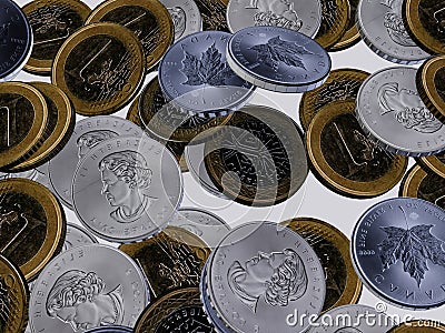 3D illustration of Euro coins and inverted silver dollars Stock Photo