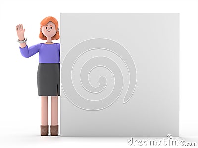 3D illustration of European businesswoman Ellen with hand up, stands behind the blank poster, Cartoon Illustration