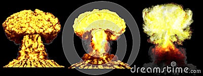 3D illustration of explosion - 3 big very high detailed different phases mushroom cloud explosion of thermonuclear bomb with smoke Cartoon Illustration