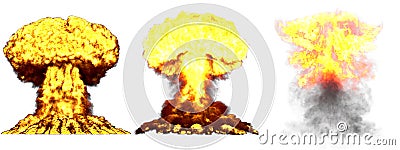 3D illustration of explosion - 3 big very highly detailed different phases mushroom cloud explosion of thermonuclear bomb with Cartoon Illustration