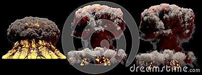 3D illustration of explosion - 3 huge different phases fire mushroom cloud explosion of atom bomb with smoke and flame isolated on Cartoon Illustration