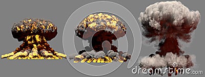 3D illustration of explosion - 3 huge different phases fire mushroom cloud explosion of super bomb with smoke and flame isolated Cartoon Illustration
