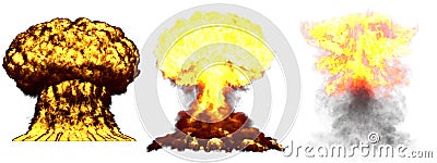 3D illustration of explosion - 3 huge highly detailed different phases mushroom cloud explosion of atom bomb with smoke and fire Cartoon Illustration