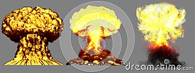 3D illustration of explosion - 3 huge very detailed different phases mushroom cloud explosion of super bomb with smoke and fire Cartoon Illustration