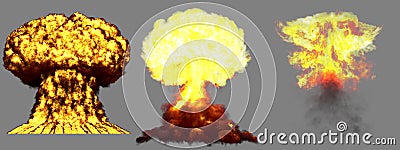 3D illustration of explosion - 3 huge very detailed different phases mushroom cloud explosion of nuclear bomb with smoke and fire Cartoon Illustration