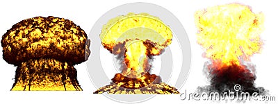 3D illustration of explosion - 3 huge very high detailed different phases mushroom cloud explosion of thermonuclear bomb with Cartoon Illustration