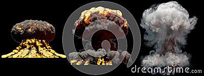 3D illustration of explosion - 3 large different phases fire mushroom cloud explosion of nuke bomb with smoke and flame isolated Cartoon Illustration