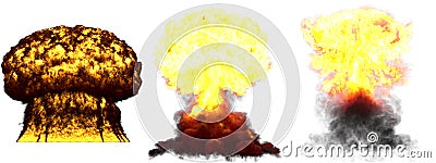 3D illustration of explosion - 3 large high detailed different phases mushroom cloud explosion of thermonuclear bomb with smoke Cartoon Illustration