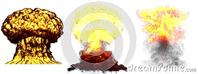 3D illustration of explosion - 3 large highly detailed different phases mushroom cloud explosion of super bomb with smoke and fire Cartoon Illustration