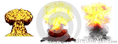 3D illustration of explosion - 3 large very detailed different phases mushroom cloud explosion of fusion bomb with smoke and fire Cartoon Illustration