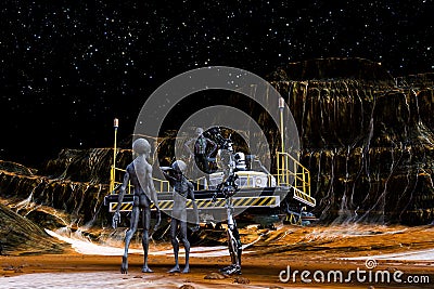 Illustration of an extraterrestrial standing on a mining platform talking to two gray aliens and a large robot Cartoon Illustration