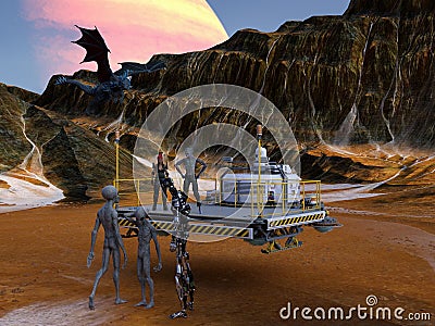 Illustration of an extraterrestrial standing and a woman standing on a mining platform talking to two gray aliens and a large Cartoon Illustration